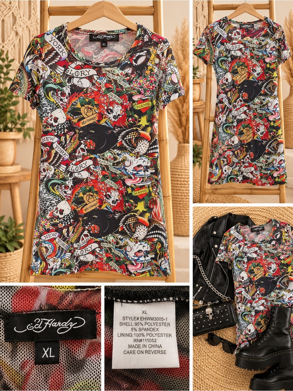 Ed Hardy Black Multicolor Tattoo-Print Short Sleeve Tee Size XL